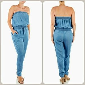 Chambray Strapless Jumpsuit